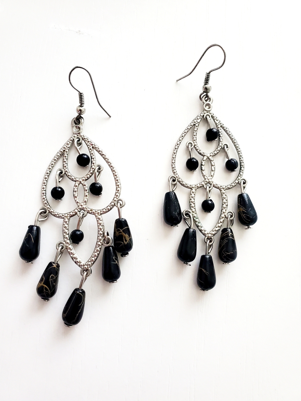 Elegant Silver-Tone Chandelier Earrings with Black Beads